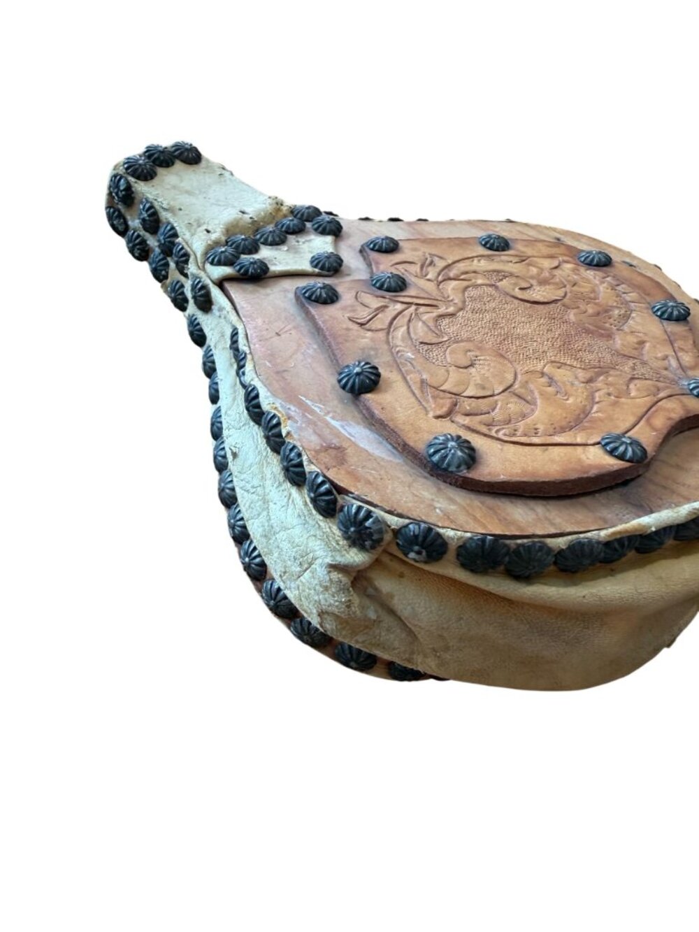 Handcrafted Wooden Leather Bellows VTG Working Ornate Floral Design Metal Studs - Picture 9 of 12
